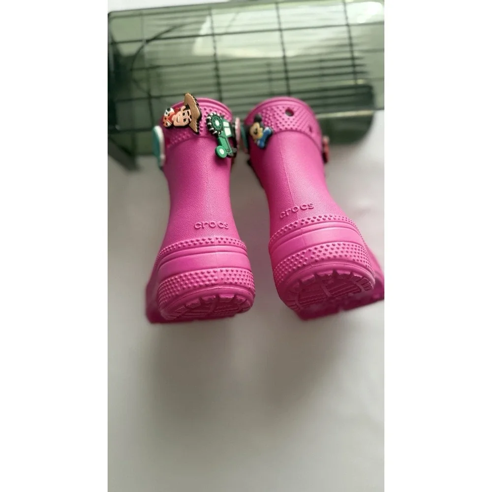 Pink Crocs Rain With Various Jibbitz Charms On The Collar Toddler Size C6 GUC